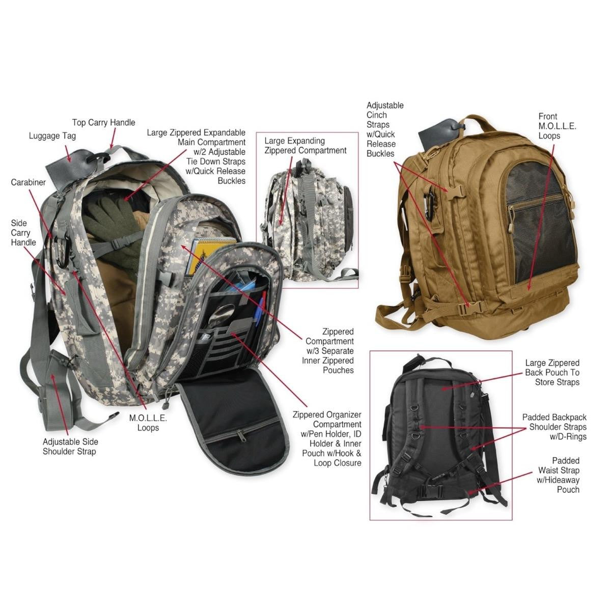 ROTHCO Move Out Tactical Travel Backpack Bug Out Bag - Black/ACU Digital