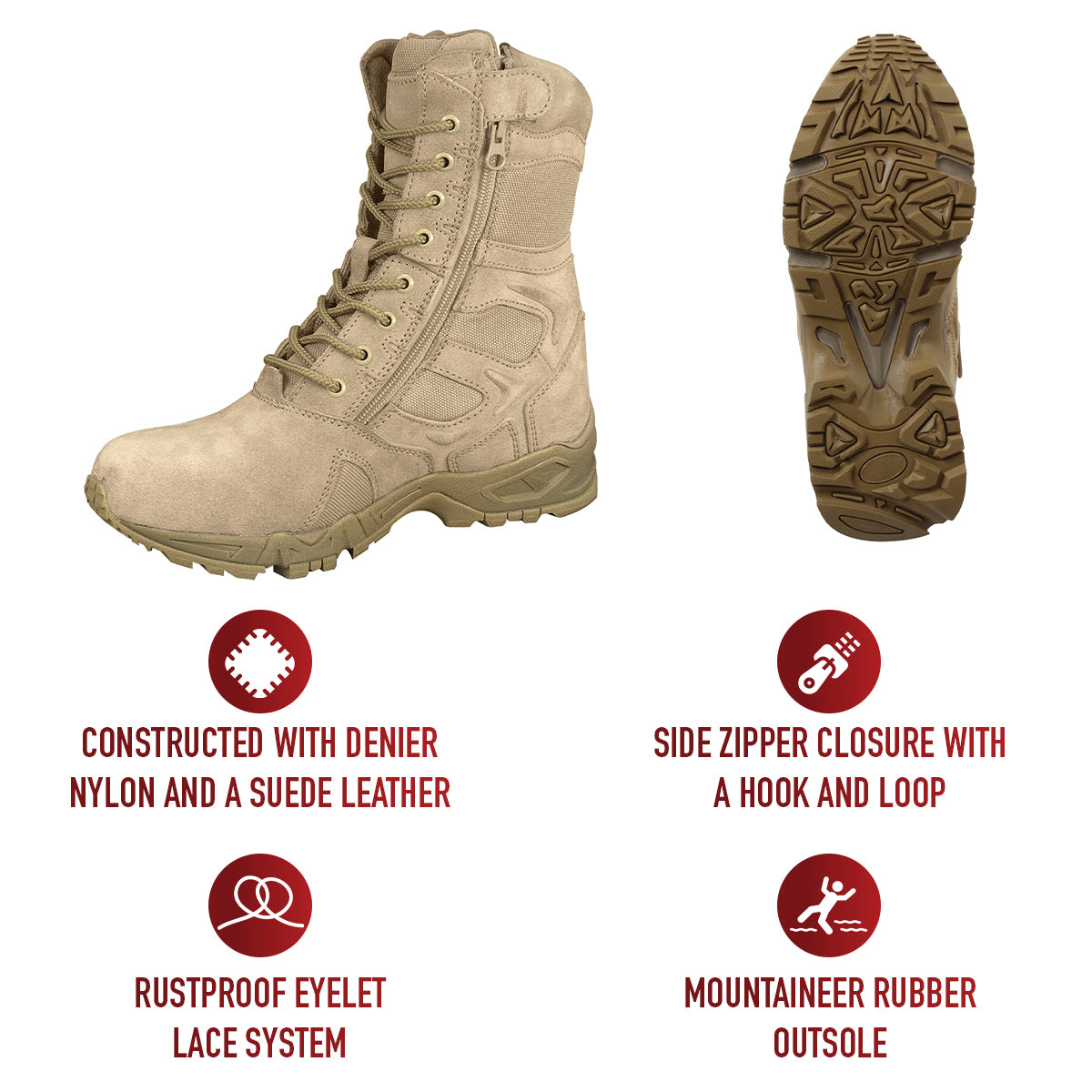 Rothco Forced Entry Deployment Boots With Side Zipper - 8 Inch Tan, or Coyote Brown Comfort Footwear Walking, Hiking Boot, Workwear