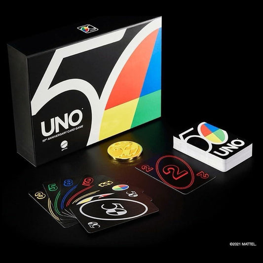 UNO Premium 50th Anniversary Edition Matching Card Game with Commemorative Coin by Mattel Games