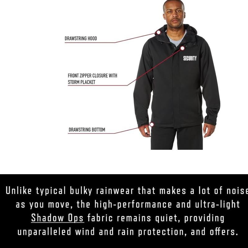 Rothco Shadow Ops Waterproof Security Rain Jacket Black - 5,000mm Waterproof Rating, Long Sleeve, 2 Zippered Hand Pockets, Drawstring Hood, Casual Design for Security Use