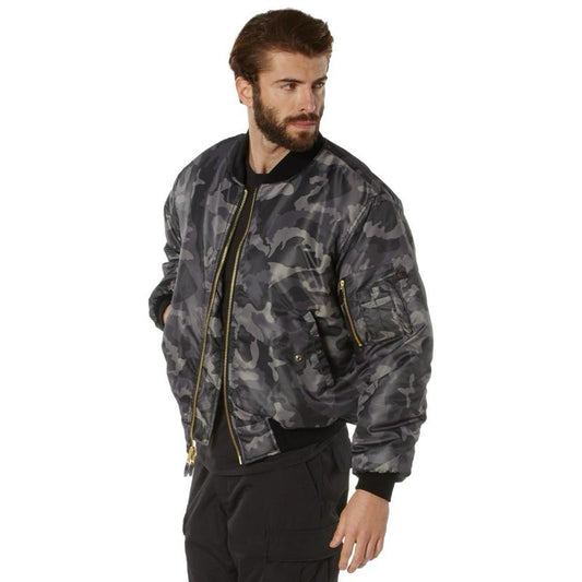 Rothco MA-1 Flight Jacket Black Camo - Nylon Water-Repellent Outer Shell, 100% Nylon, 5 Pockets, Reversible Orange Polyester Lining, Available in Multiple Colors, Sizes Up to 10XL, Men's Jackets