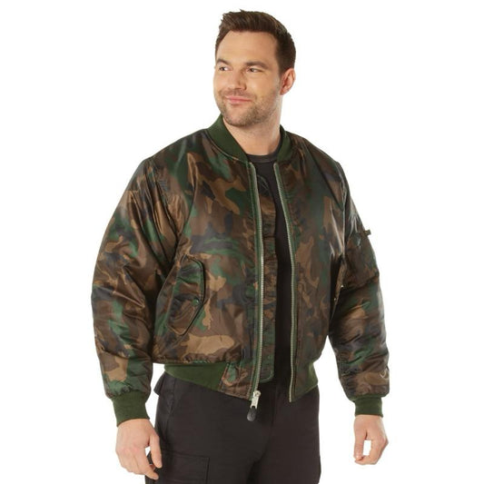 Rothco MA-1 Flight Jacket Woodland Camo - Nylon Water-Repellent Outer Shell, 100% Nylon, 5 Pockets, Reversible Orange Polyester Lining, Available in Multiple Colors, Sizes Up to 10XL, Men's Jackets
