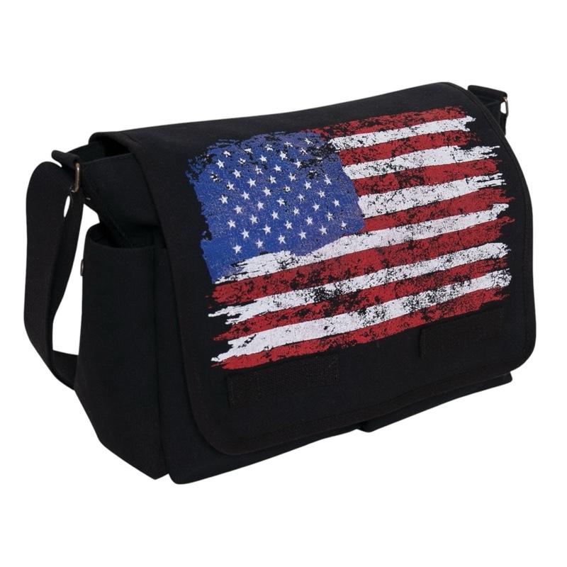 Rothco Distressed U.S. Flag Canvas Messenger Bag 15" x 11" x 6" with Adjustable Shoulder Strap, Brass Hardware, and Hook and Loop Closure