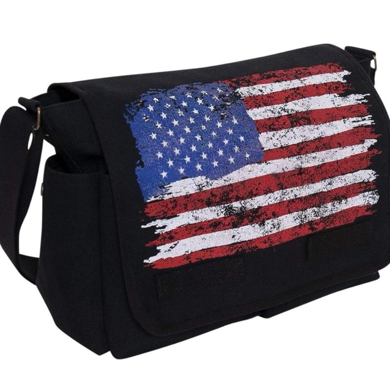 Rothco Distressed U.S. Flag Canvas Messenger Bag 15" x 11" x 6" with Adjustable Shoulder Strap, Brass Hardware, and Hook and Loop Closure