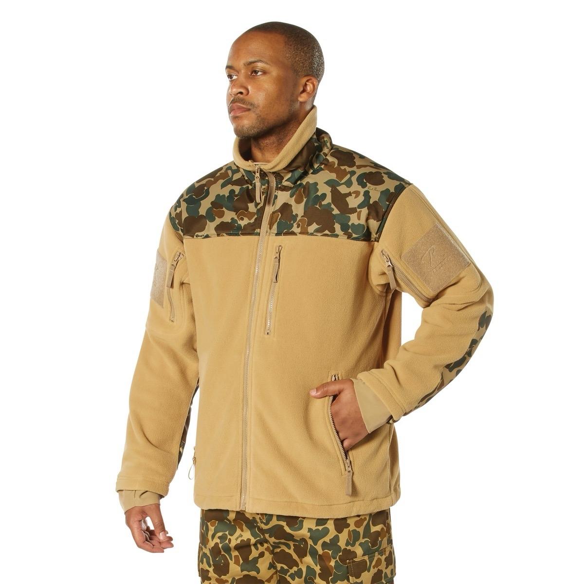 Rothco x Bear Archery Fred Bear Camo Spec Ops Tactical Fleece Jacket for Men with Mandarin Collar and Reinforced Camouflage Shoulder & Forearm Yokes Menswear Outdoor Long Sleeve Pockets Coat Fabric Polyester