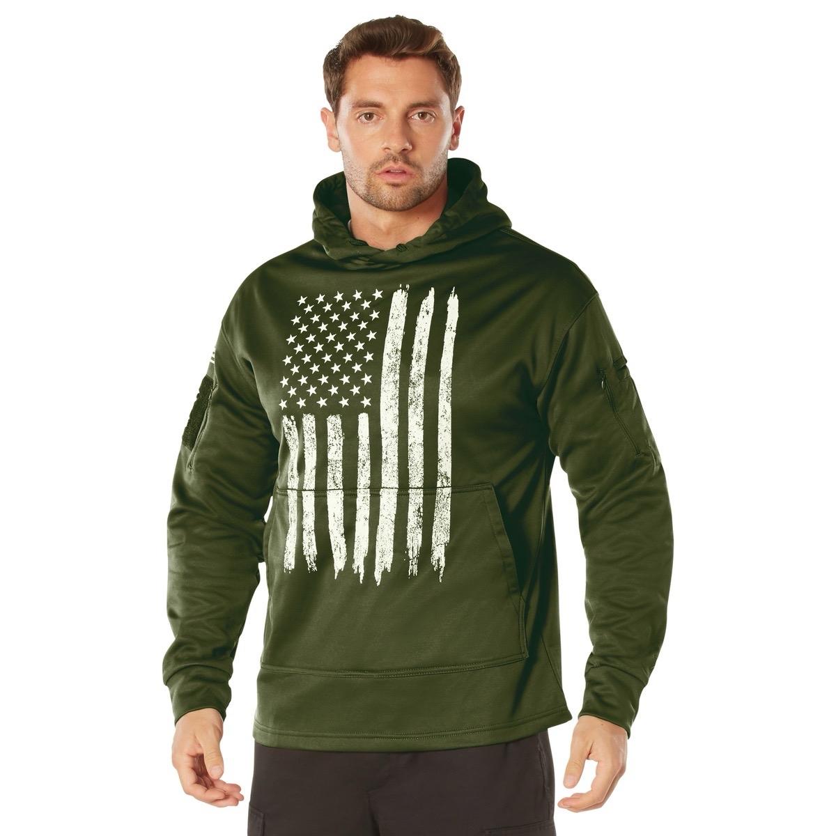 ROTHCO Adult Men's Distressed United States American Flag Hoodie, Rothco Concealed Carry U.S. Flag Hoodie  Menswear Fashion Long Sleeve Pullover Hoodie  Kangaroo Pocket Tops cool graphic
