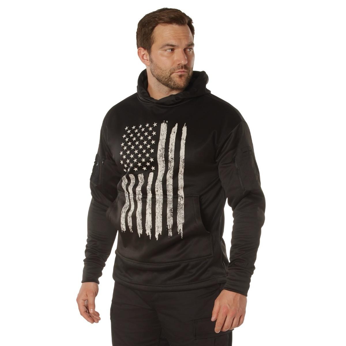 ROTHCO Adult Men's Distressed United States American Flag Hoodie, Rothco Concealed Carry U.S. Flag Hoodie  Menswear Fashion Long Sleeve Pullover Hoodie  Kangaroo Pocket Longsleeves cool graphic shirt