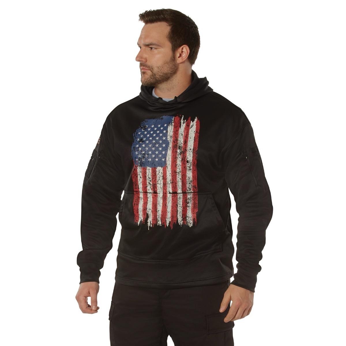 ROTHCO Adult Men's Distressed United States American Flag Hoodie, Rothco Concealed Carry U.S. Flag Hoodie  Menswear Fashion Long Sleeve Pullover Hoodie  Kangaroo Pocket