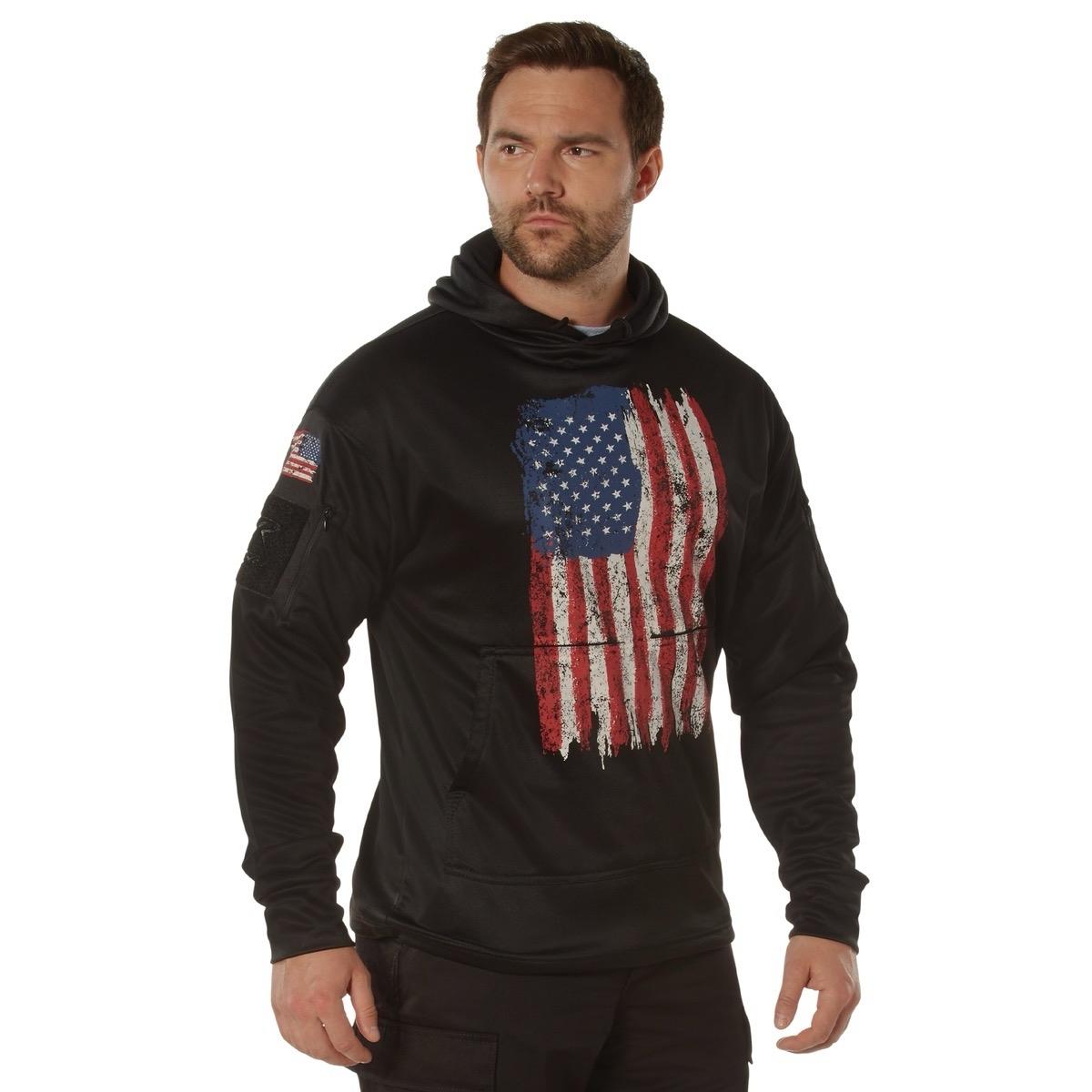 ROTHCO Adult Men's Distressed United States American Flag Hoodie, Rothco Concealed Carry U.S. Flag Hoodie  Menswear Fashion Long Sleeve Pullover Hoodie  Kangaroo Pocket