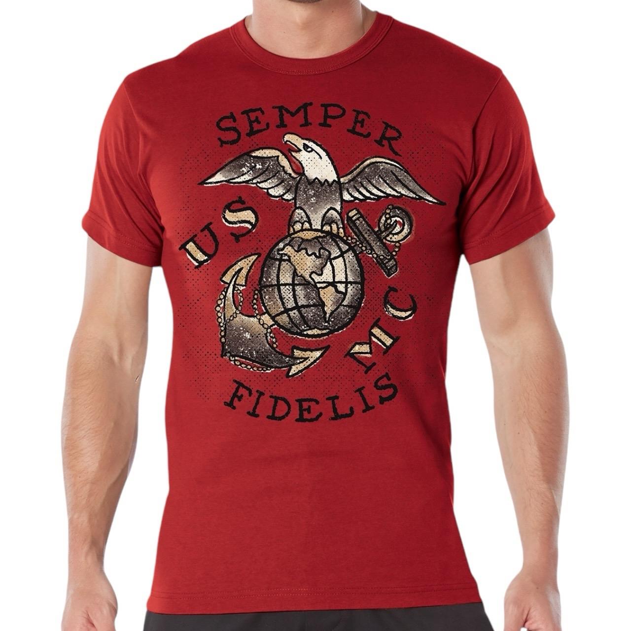 ROTHCO USMC Semper Fidelis T-Shirt - Black/Coyote Brown/Red Sleeve Graphic Tee for Men - Cargo Pants, Cargo, Shortsleeve cool