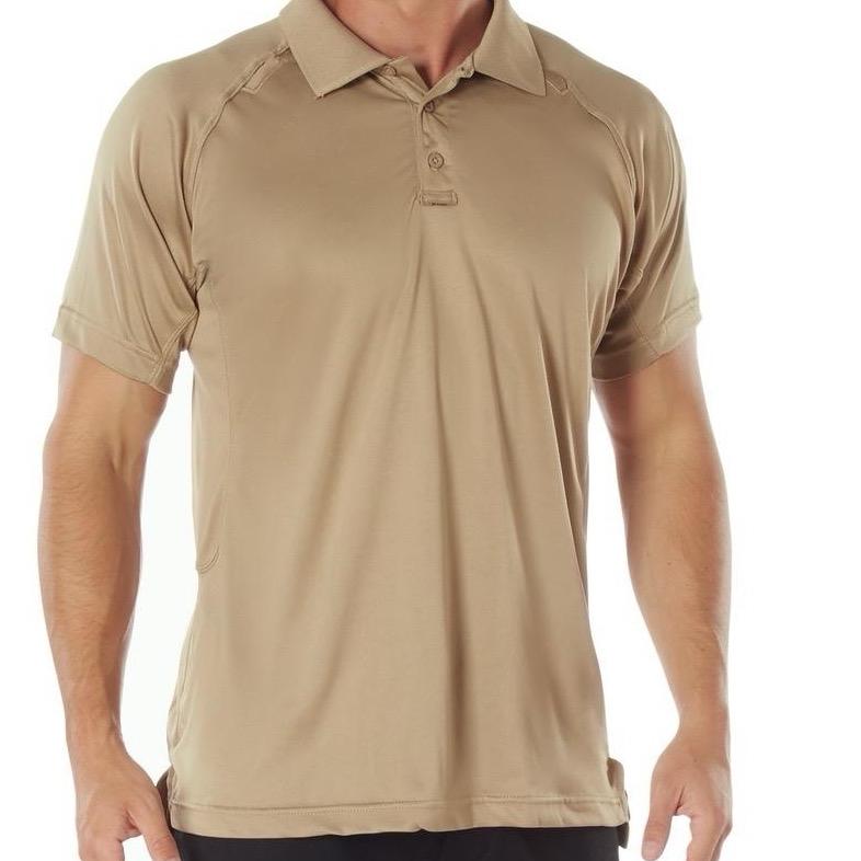 Rothco On Duty Performance Tan Polo - Lightweight and Durable Moisture Wicking Shirt with Gusseted Sleeves and Mic Tabs Menswear Casual Polo Dress Shirt