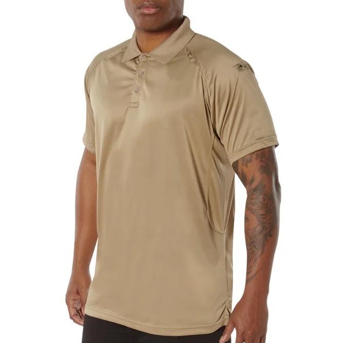 Rothco On Duty Performance Tan Polo - Lightweight and Durable Moisture Wicking Shirt with Gusseted Sleeves and Mic Tabs Menswear Casual Polo Dress Shirt