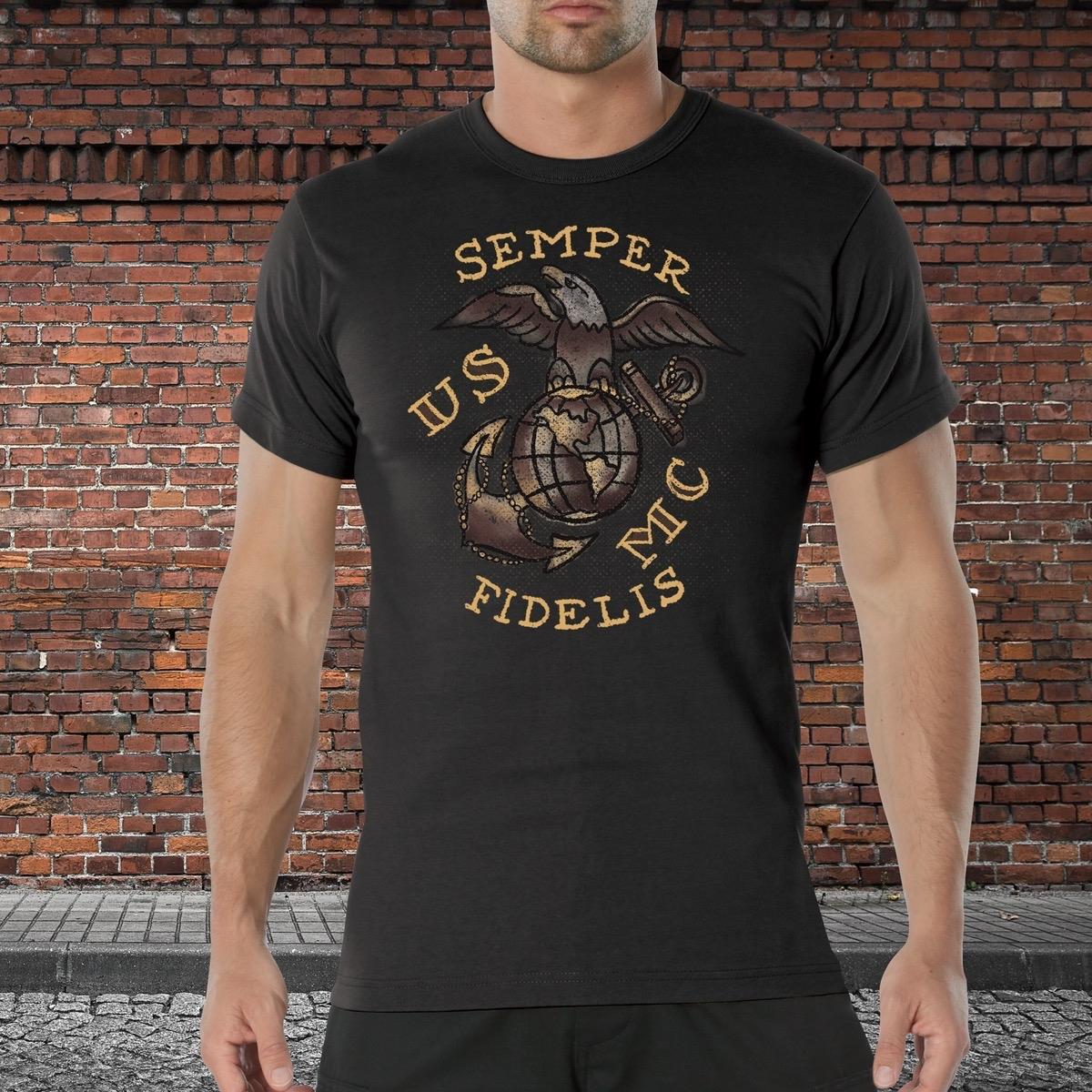 ROTHCO USMC Semper Fidelis T-Shirt - Black/Coyote Brown/Red Sleeve Graphic Tee for Men - Cargo Pants, Cargo, Shortsleeve cool