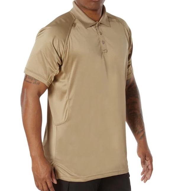 Rothco On Duty Performance Tan Polo - Lightweight and Durable Moisture Wicking Shirt with Gusseted Sleeves and Mic Tabs Menswear Casual Polo Dress Shirt