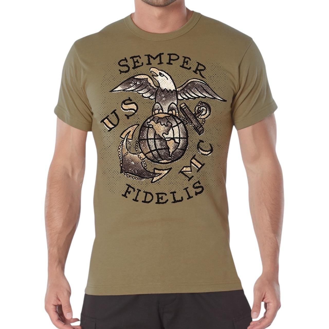 ROTHCO USMC Semper Fidelis T-Shirt - Black/Coyote Brown/Red Sleeve Graphic Tee for Men - Cargo Pants, Cargo, Shortsleeve cool