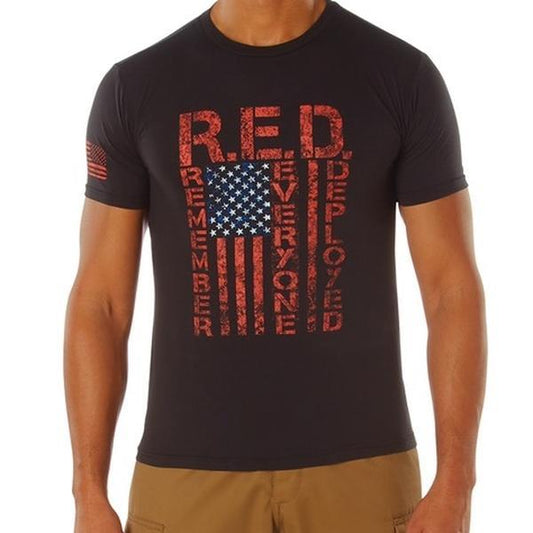 ROTHCO Athletic Fit R.E.D. T-Shirt - Remember Everyone Deployed, Black/Red, Cotton/Polyester Blend - Day Menswear Distressed Flag Graphic Short  Sleeve Soft Shirt cool men gifts