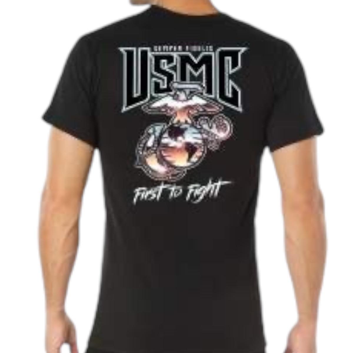 ROTHCO USMC First to Fight T-Shirt for Men - Black Patriotic Tee with Chrome-Styled Eagle, Globe, and Anchor Insignia - Cotton, Crewneck full color gifts