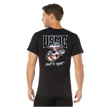 ROTHCO USMC First to Fight T-Shirt for Men - Black Patriotic Tee with Chrome-Styled Eagle, Globe, and Anchor Insignia - Cotton, Crewneck full color gifts