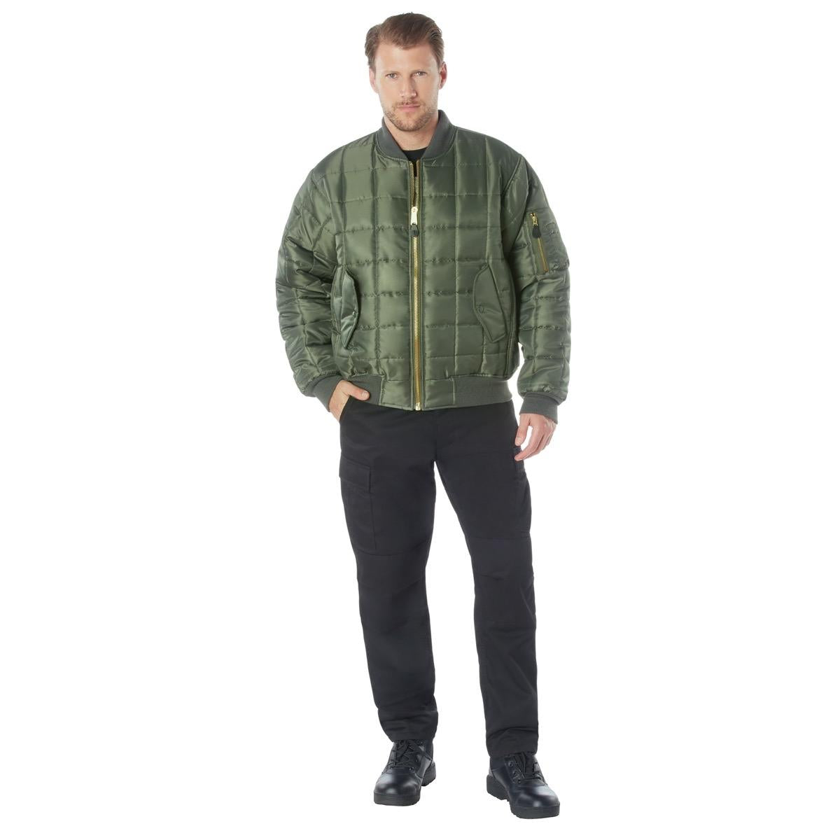 ROTHCO Men's Quilted MA-1 Flight Jacket - Water-Repellent Nylon Shell, Colors Black, Sage Green, Fabric Nylon Shell, Utility Menswear Bomber Coats Pockets Knit Leather Soft