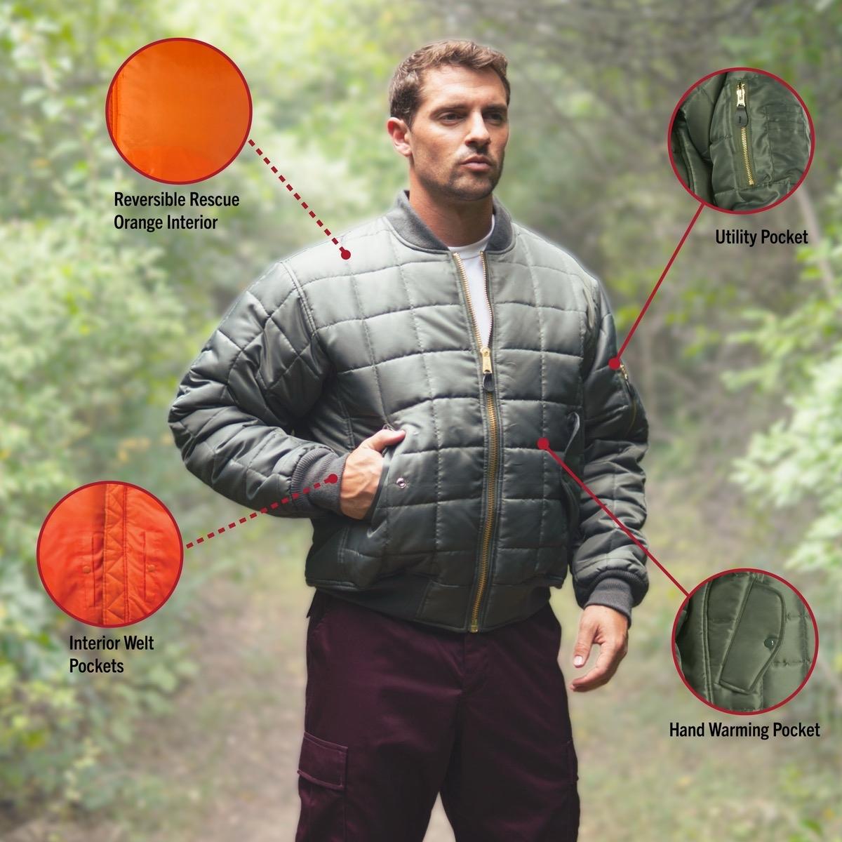 ROTHCO Men's Quilted MA-1 Flight Jacket - Water-Repellent Nylon Shell, Colors Black, Sage Green, Fabric Nylon Shell, Utility Menswear Bomber Coats Pockets Knit Leather Soft