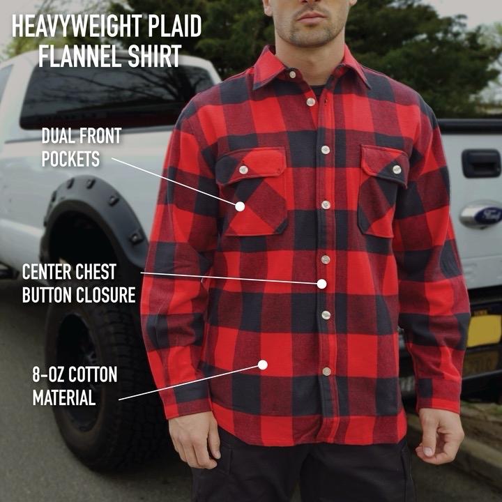 Rothco Extra Heavyweight Buffalo Plaid Flannel Long Sleeve Shirt - Men's Casual Red And Black Plaid Flannel, Casual Menswear Flannel With Pockets, Variety Of Colors And Sizes
