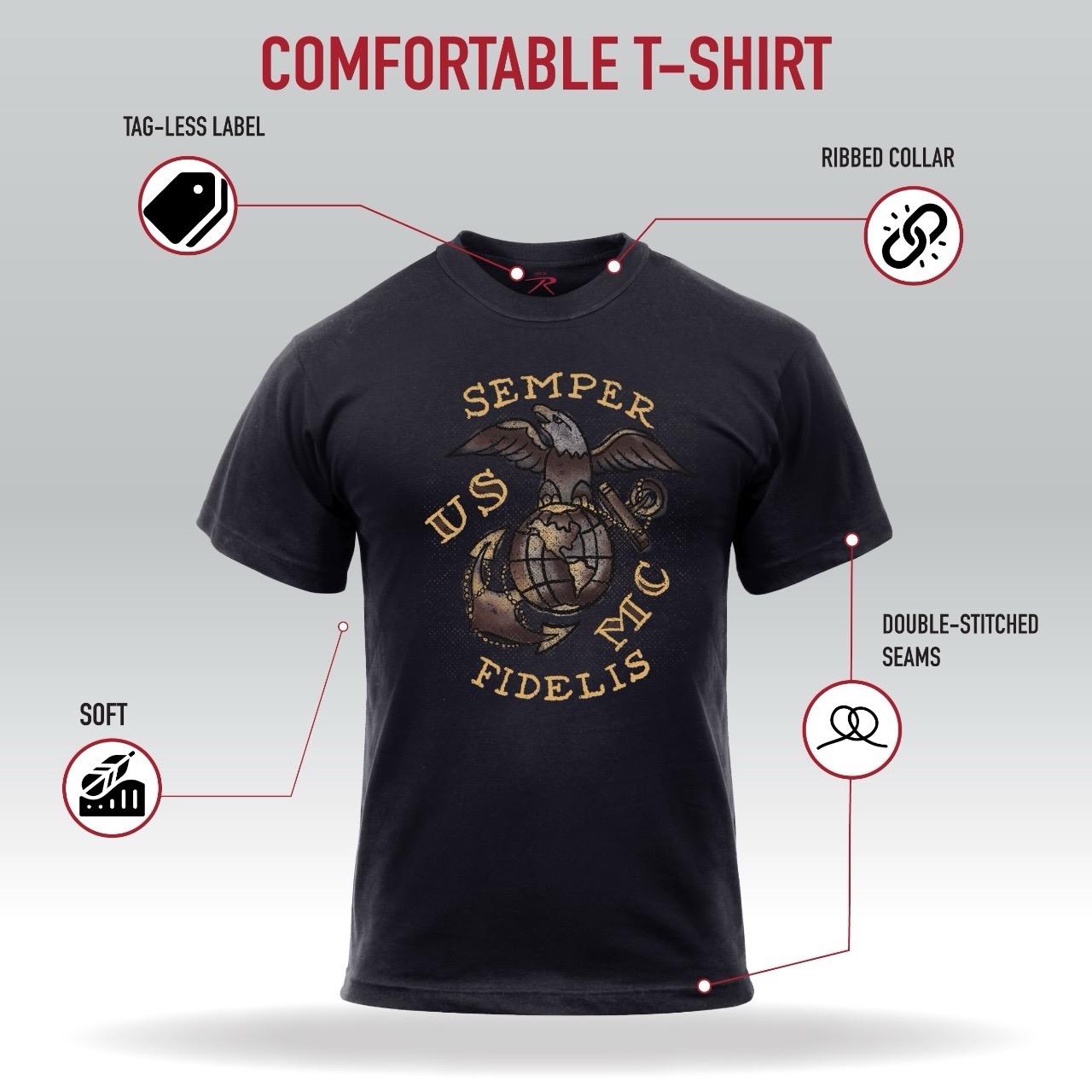 Rothco USMC Semper Fidelis Men's T-Shirt - Traditional Style Lettering and Eagle, Globe, and Anchor Emblem - Fabric, Cotton