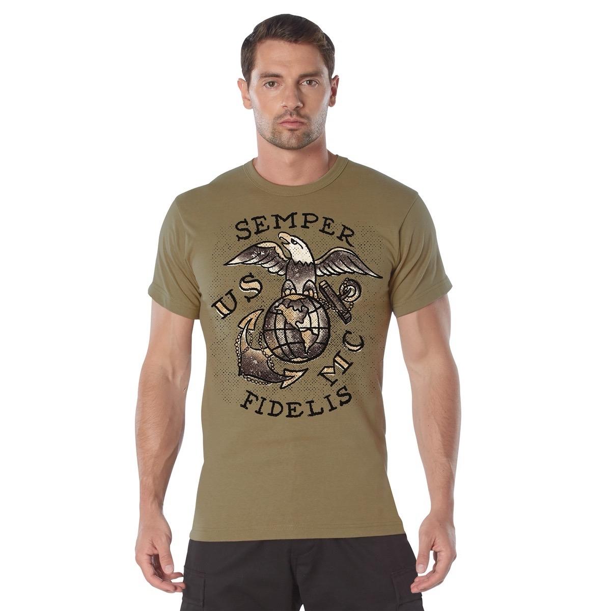 Rothco USMC Semper Fidelis Men's T-Shirt - Traditional Style Lettering and Eagle, Globe, and Anchor Emblem - Fabric, Cotton