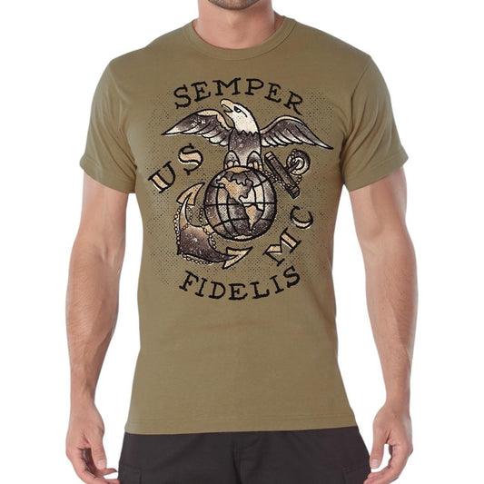ROTHCO USMC Semper Fidelis T-Shirt for Men, Black/Coyote Brown/Red, 100% Cotton Fabric, Short Sleeve Crewneck Tee cool graphic gifts