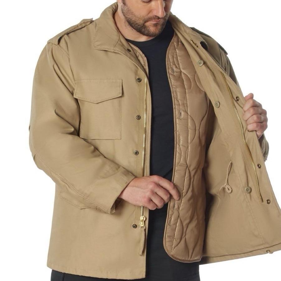 Rothco M-65 Field Jacket - Water Repellent Outer Shell, Removable Quilted Button-In Liner, 4 Cargo Pockets - Beige, Navy