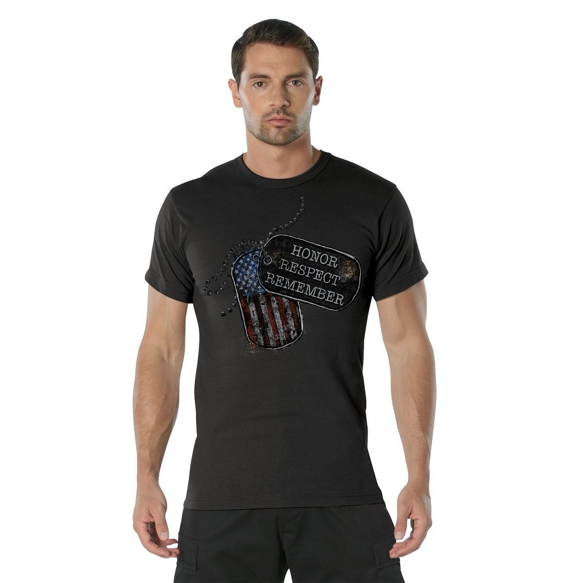 ROTHCO Honor Respect Remember T-Shirt - Black/Charcoal Grey, Patriotic Dog Tag Graphic, Standard Fit, 100% Cotton - Cargo Pants, Cargo men gifts