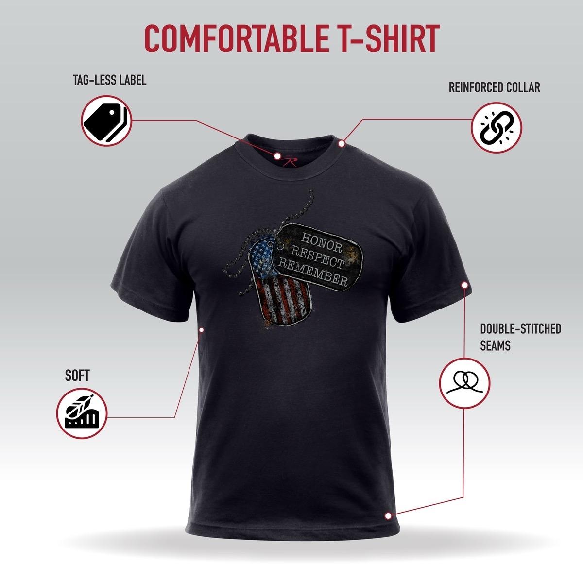 ROTHCO Honor Respect Remember T-Shirt - Black/Charcoal Grey, Patriotic Dog Tag Graphic, Standard Fit, 100% Cotton - Cargo Pants, Cargo men gifts