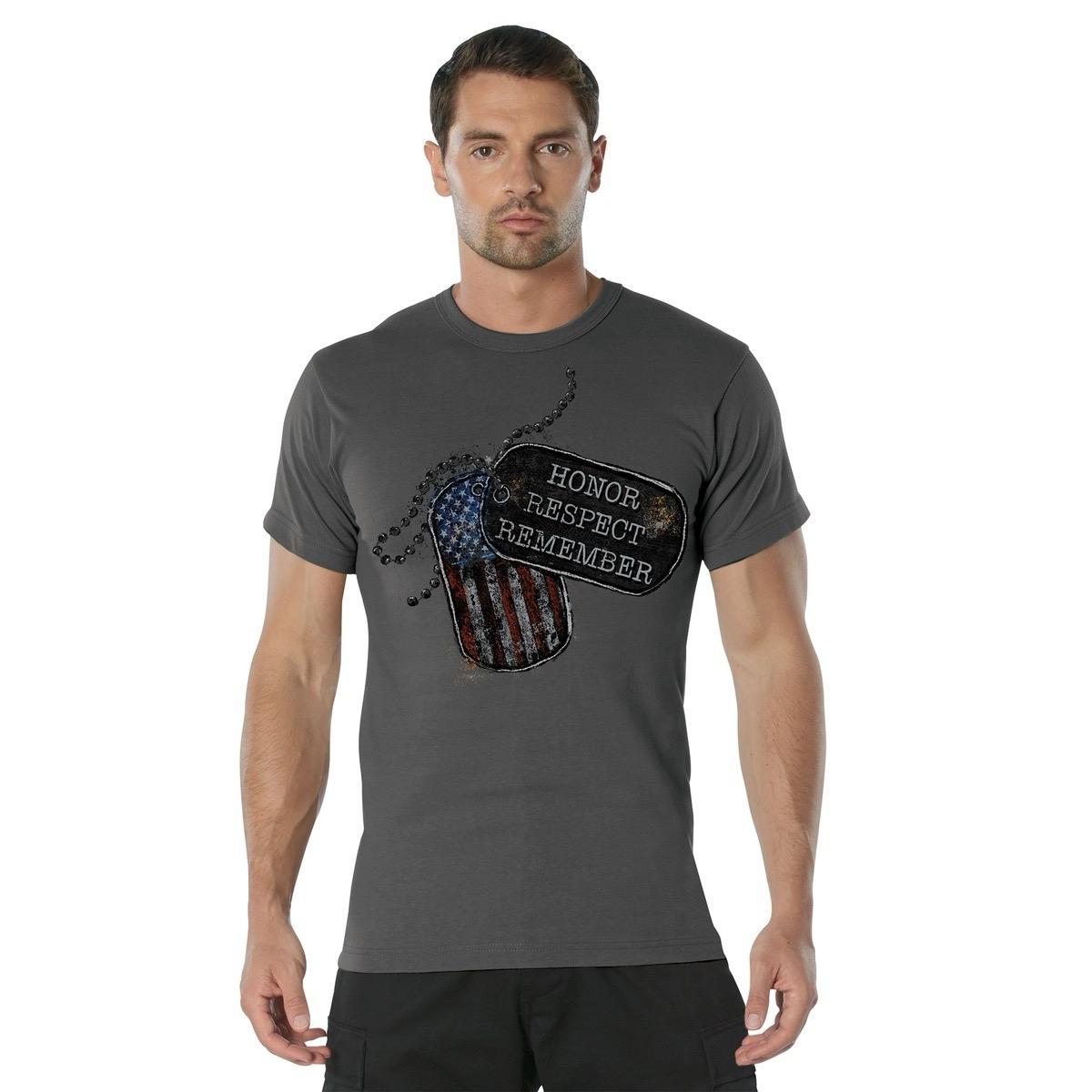 ROTHCO Honor Respect Remember T-Shirt - Black/Charcoal Grey, Patriotic Dog Tag Graphic, Standard Fit, 100% Cotton - Cargo Pants, Cargo men gifts