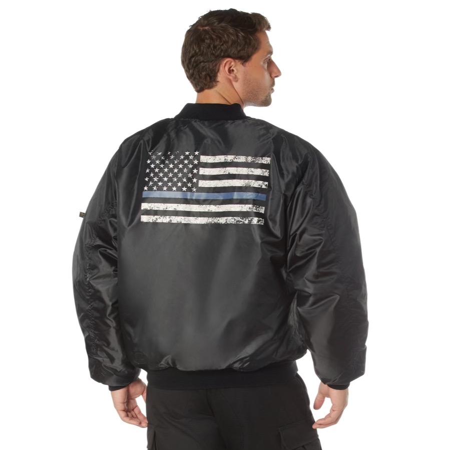 ROTHCO Thin Blue Line Flag MA-1 Flight Jacket - Classic Bomber Style Menswear Shell Coats - Longsleeves