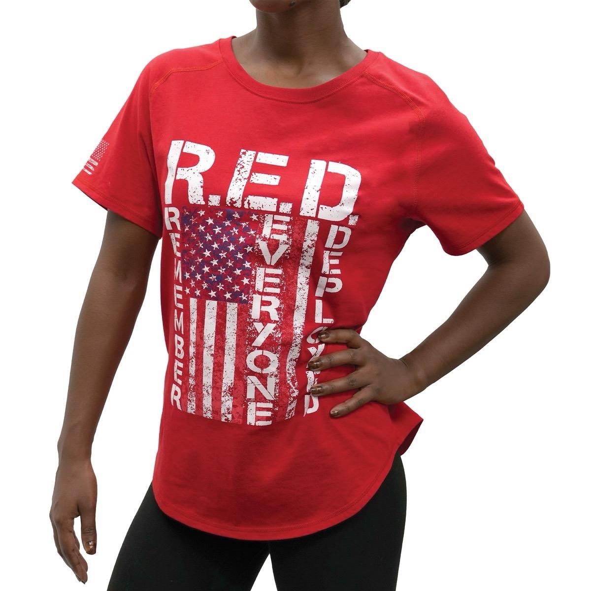 ROTHCO Women's R.E.D. T-Shirt - Red, Remember Everyone Deployed, Graphic Design, Distressed American Flag, Comfy Fit Top - Bottom, Comfortable