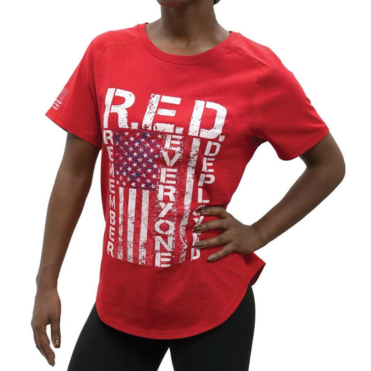 ROTHCO Women's R.E.D. T-Shirt - Red, Remember Everyone Deployed, Graphic Design, Distressed American Flag, Comfy Fit Top - Bottom, Comfortable