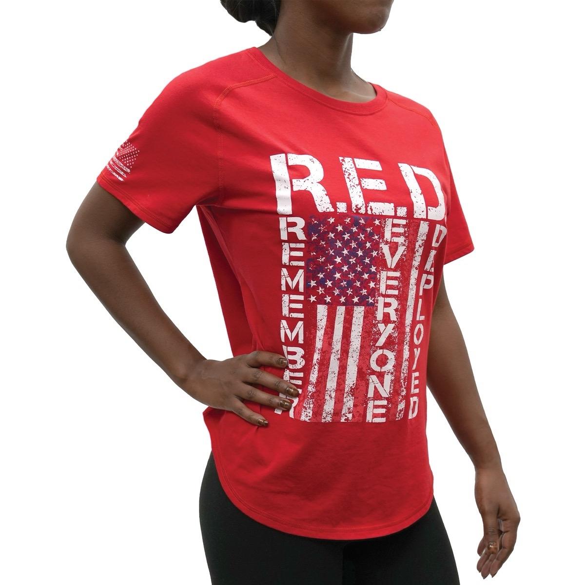 ROTHCO Women's R.E.D. T-Shirt - Red, Remember Everyone Deployed, Graphic Design, Distressed American Flag, Comfy Fit Top - Bottom, Comfortable