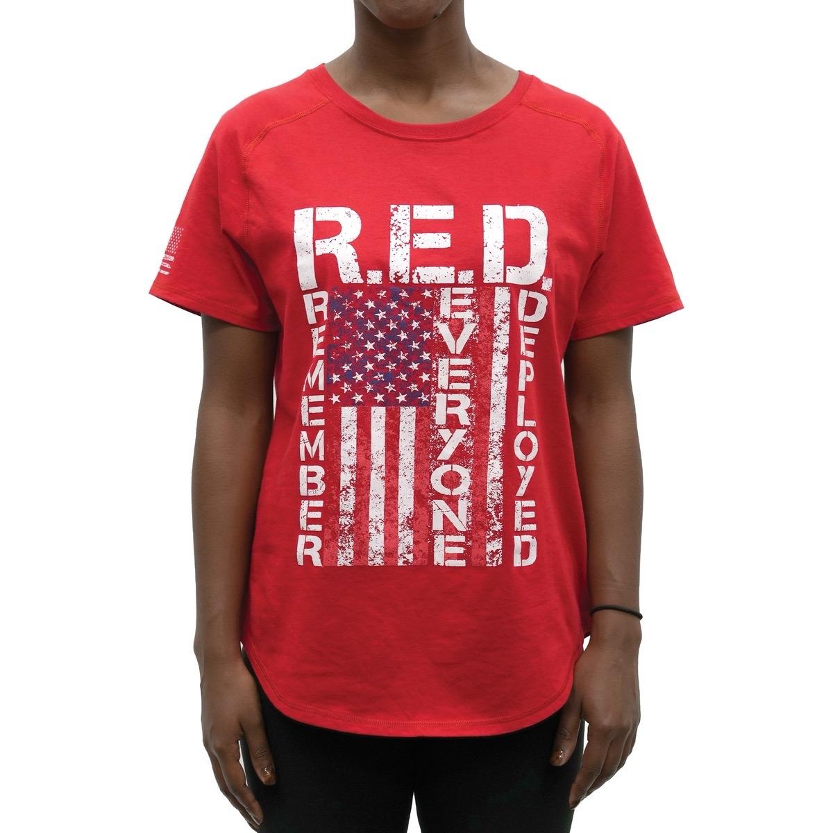 ROTHCO Women's R.E.D. T-Shirt - Red, Remember Everyone Deployed, Graphic Design, Distressed American Flag, Comfy Fit Top - Bottom, Comfortable