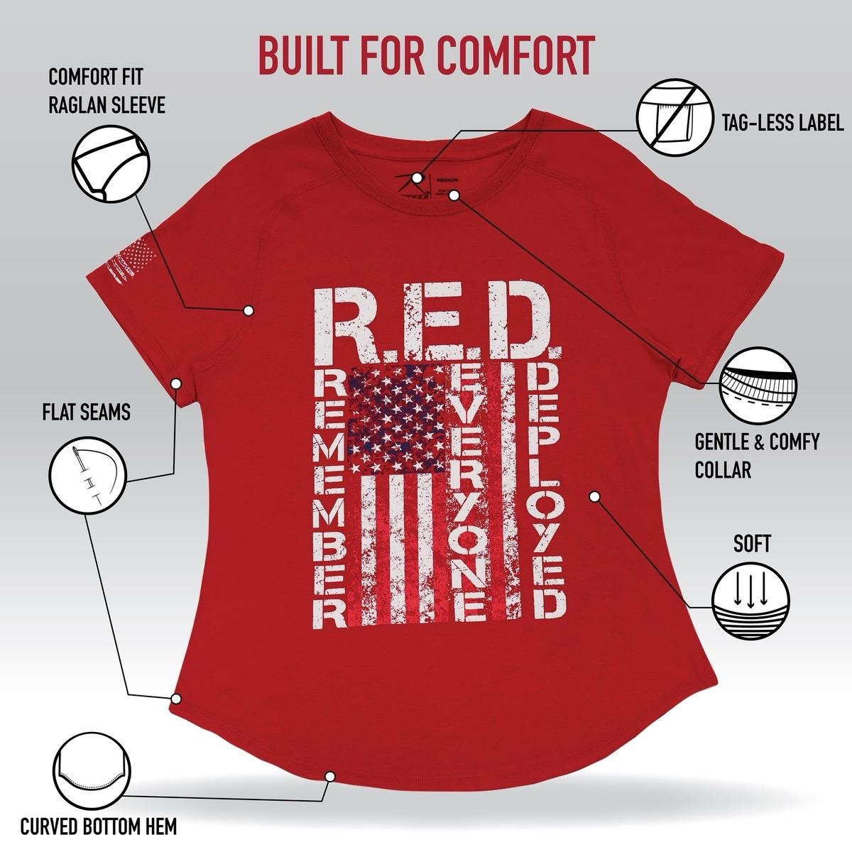 ROTHCO Women's R.E.D. T-Shirt - Red, Remember Everyone Deployed, Graphic Design, Distressed American Flag, Comfy Fit Top - Bottom, Comfortable