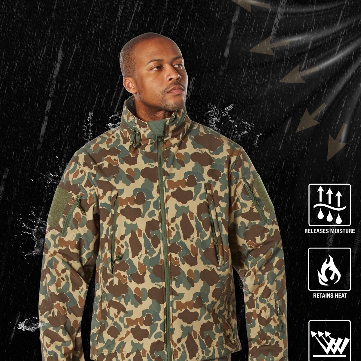 Rothco X Bear Archery Fred Bear Camo Special Ops Soft Shell Jacket for Men - Waterproof 3-Layer Fabric, Fleece Lining, 8 Tactical Pockets - Camouflage