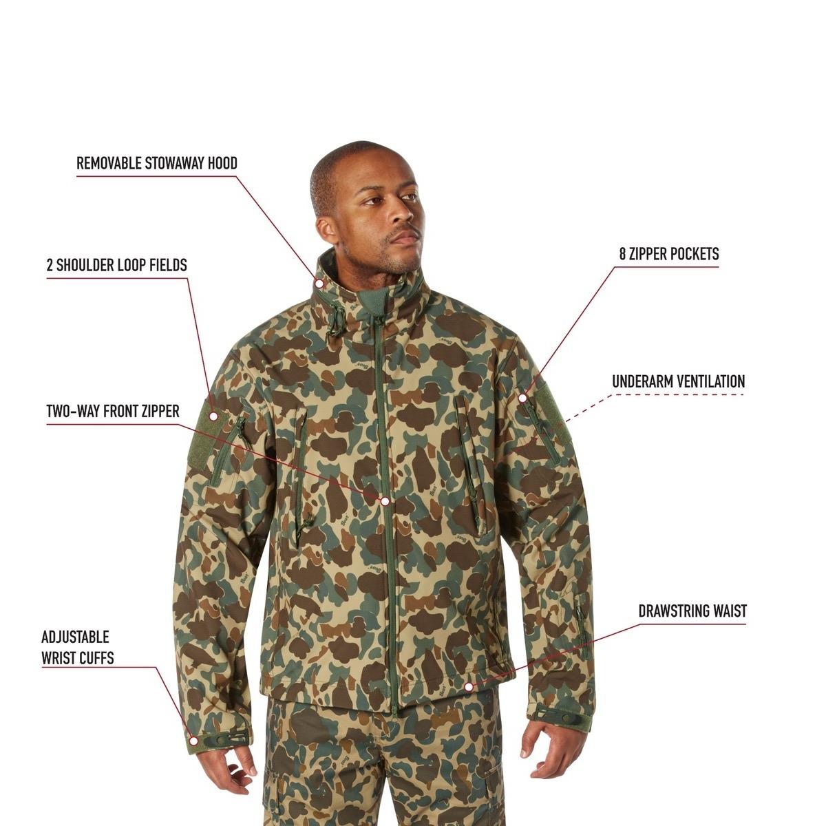 Rothco X Bear Archery Fred Bear Camo Special Ops Soft Shell Jacket for Men - Waterproof 3-Layer Fabric, Fleece Lining, 8 Tactical Pockets - Camouflage