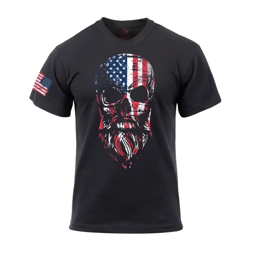 Rothco US Flag Bearded Skull T-Shirt - Distressed Flag Graphic, Patriotic Design, Cotton Top - Crewneck, Human full color tee