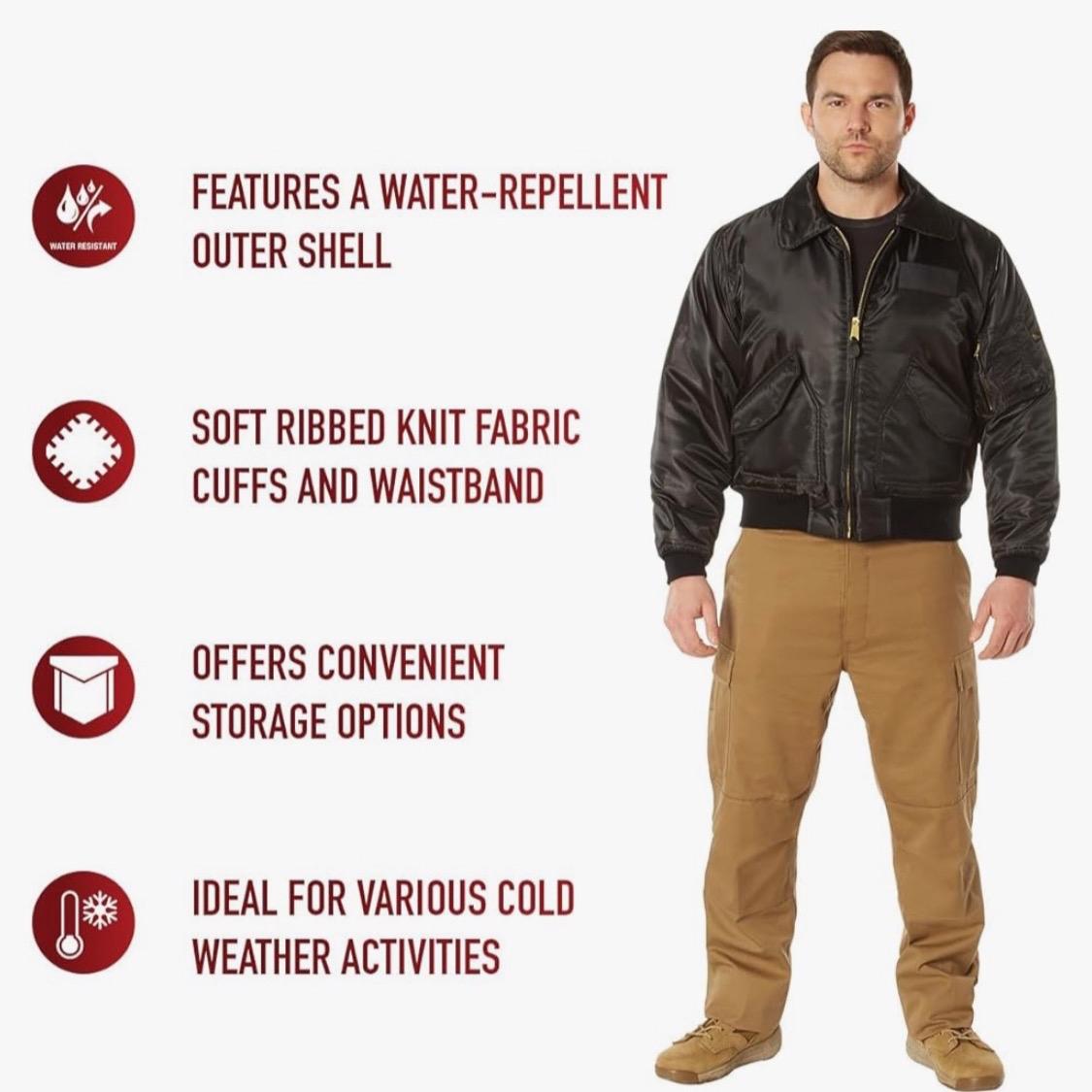 Rothco CWU-45P Men's Flight Jacket - Water-Repellent Nylon, Quilted Lining, Utility Pockets - Bomber Style - Leather, Polyester