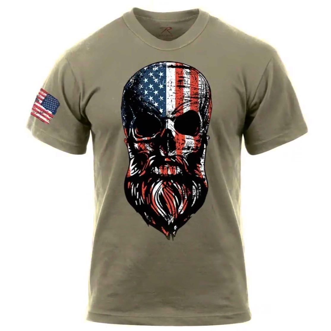 Rothco US Flag Bearded Skull T-Shirt - Patriotic Design, Distressed Flag Sleeve, Graphic Crewneck - Cotton, Top full color tee