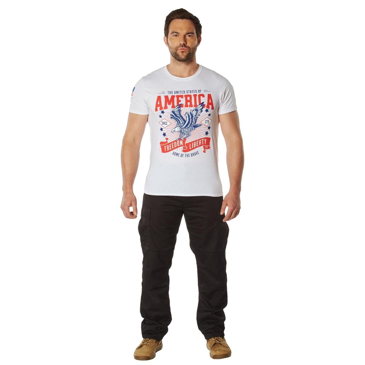 Rothco Freedom & Liberty T-Shirt American Flag Patriotic Spirit T-Shirt Men’s Classic Red, White, And Blue American Flag T-Shirt Honor Respect US Flag Shirt Menswear Top Streetwear Casual Shortsleeve Crewneck Cotton Polyester Collar Outdoor Tropical