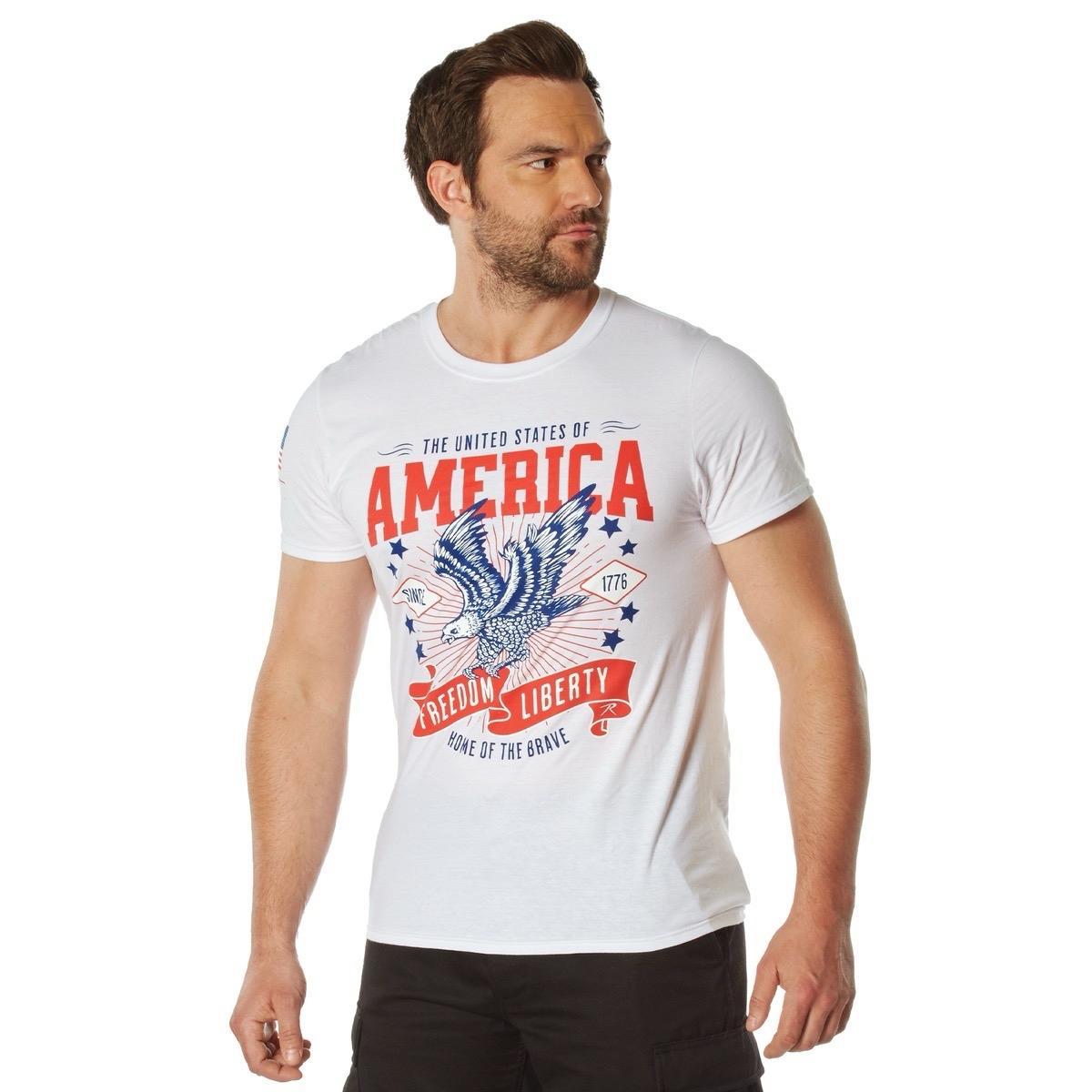 Rothco Freedom & Liberty T-Shirt American Flag Patriotic Spirit T-Shirt Men’s Classic Red, White, And Blue American Flag T-Shirt Honor Respect US Flag Shirt Menswear Top Streetwear Casual Shortsleeve Crewneck Cotton Polyester Collar Outdoor Tropical