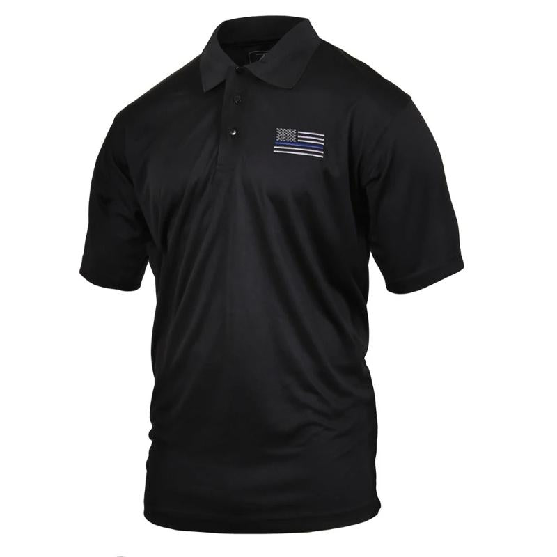 Rothco Thin Blue Line USA Flag Moisture Wicking Polo Shirt, Black 3-Button Collar, Lightweight and Breathable Fabric for Casual and On-Duty Wear - Classic Menswear