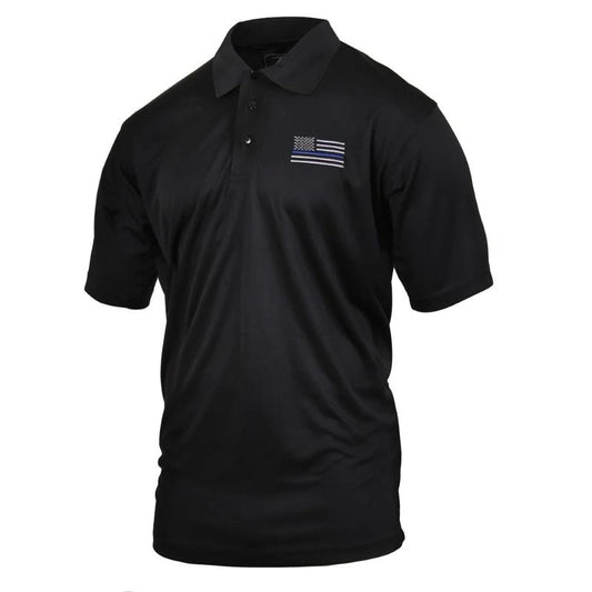 Rothco Thin Blue Line USA Flag Moisture Wicking Polo Shirt, Black 3-Button Collar, Lightweight and Breathable Fabric for Casual and On-Duty Wear - Classic Menswear