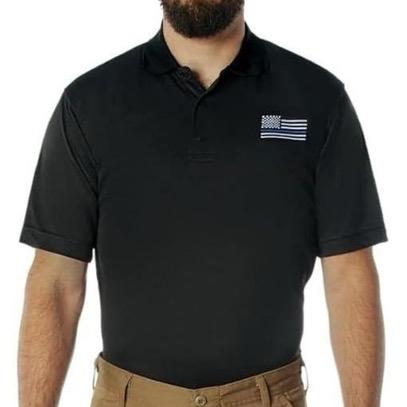 Rothco Thin Blue Line USA Flag Moisture Wicking Polo Shirt, Black 3-Button Collar, Lightweight and Breathable Fabric for Casual and On-Duty Wear - Classic Menswear