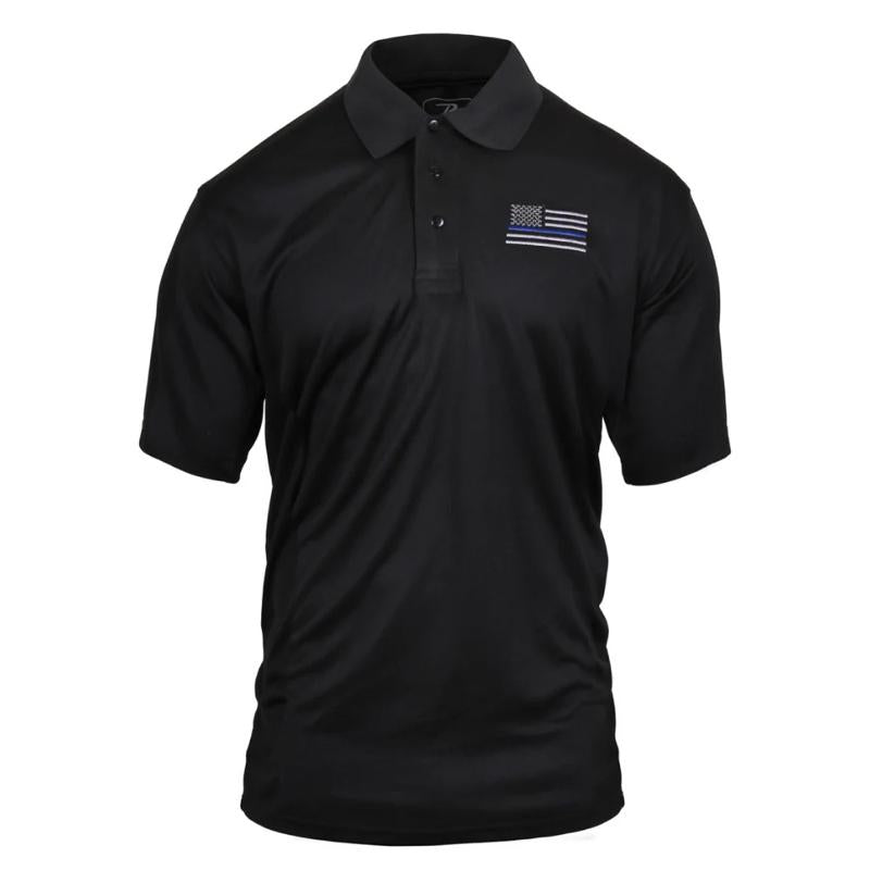 Rothco Thin Blue Line USA Flag Moisture Wicking Polo Shirt, Black 3-Button Collar, Lightweight and Breathable Fabric for Casual and On-Duty Wear - Classic Menswear